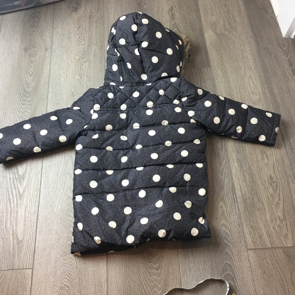Baby Gap Polka Dots Faux Fur Hood Puffer Duffle Parka Jacket Black 3 Years - Picture 2 of 8